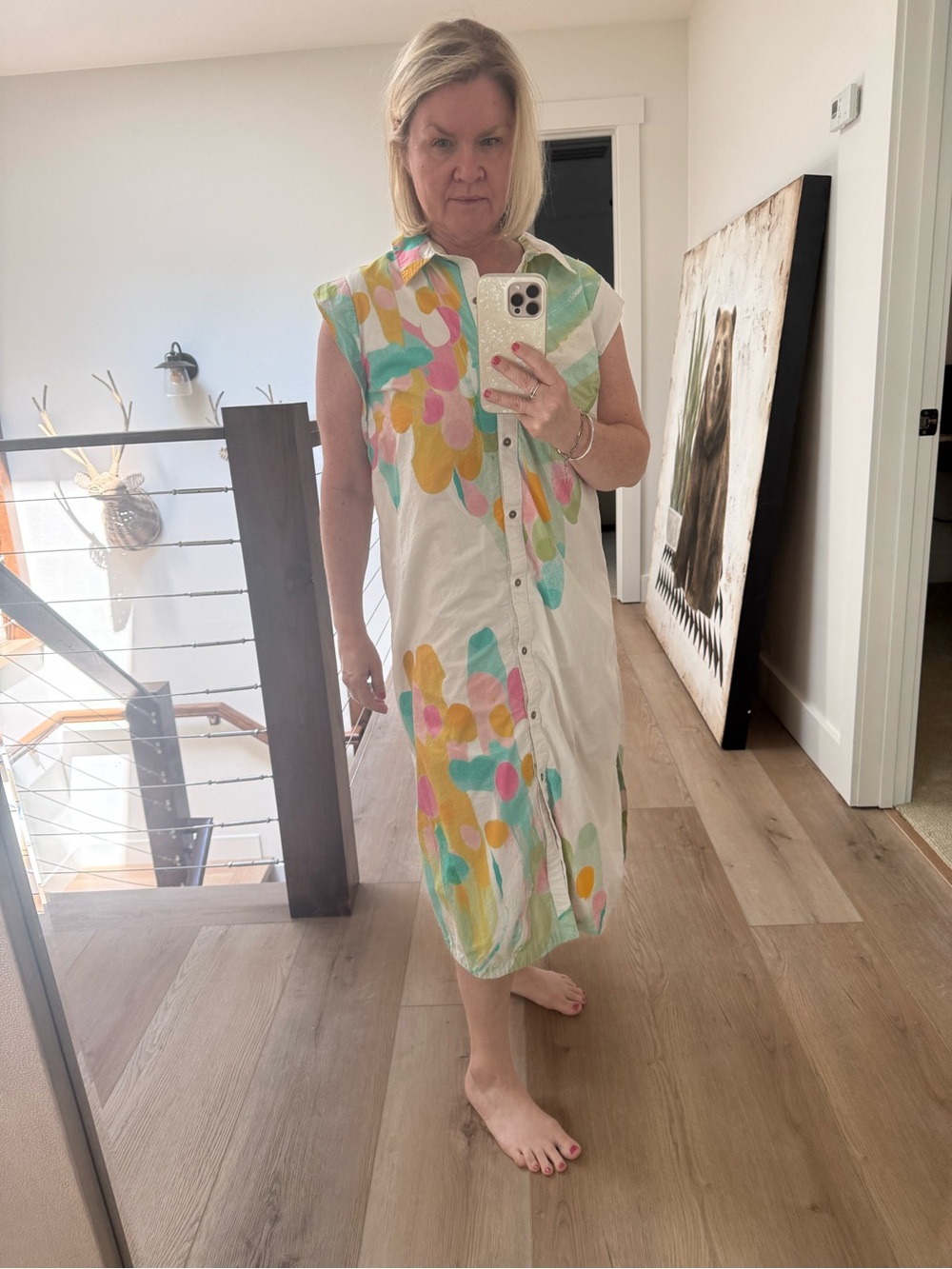 Maeve Sleeveless Button-Front Midi Shirt Dress in Pastel Watercolor Spots